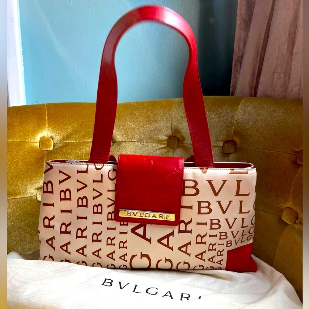 Bulgari Beige and Red Logo Shoulder Bag
